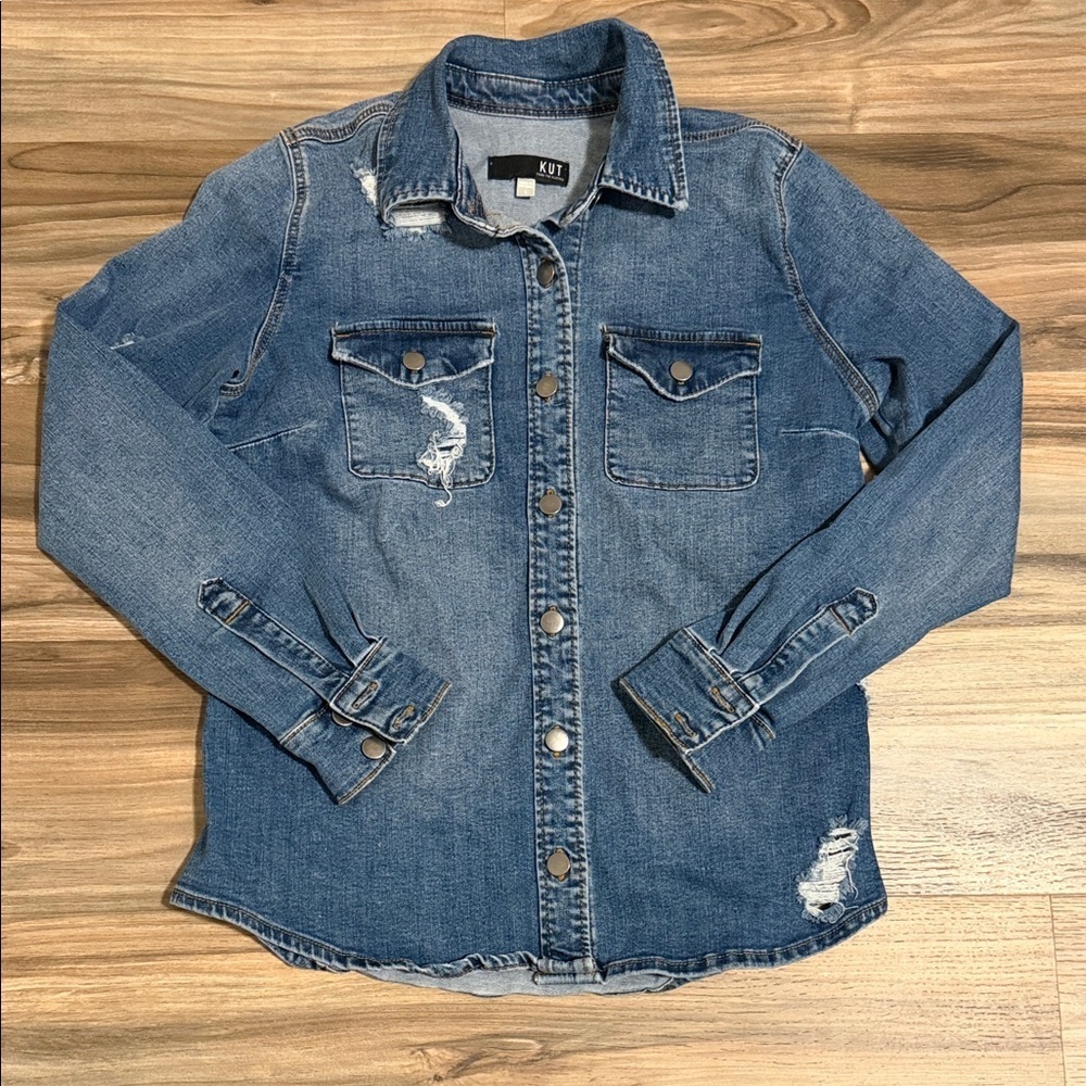 KUT From The Kloth Brie Shirt Women’s Sz. L Blue Denim Distressed Button Casual